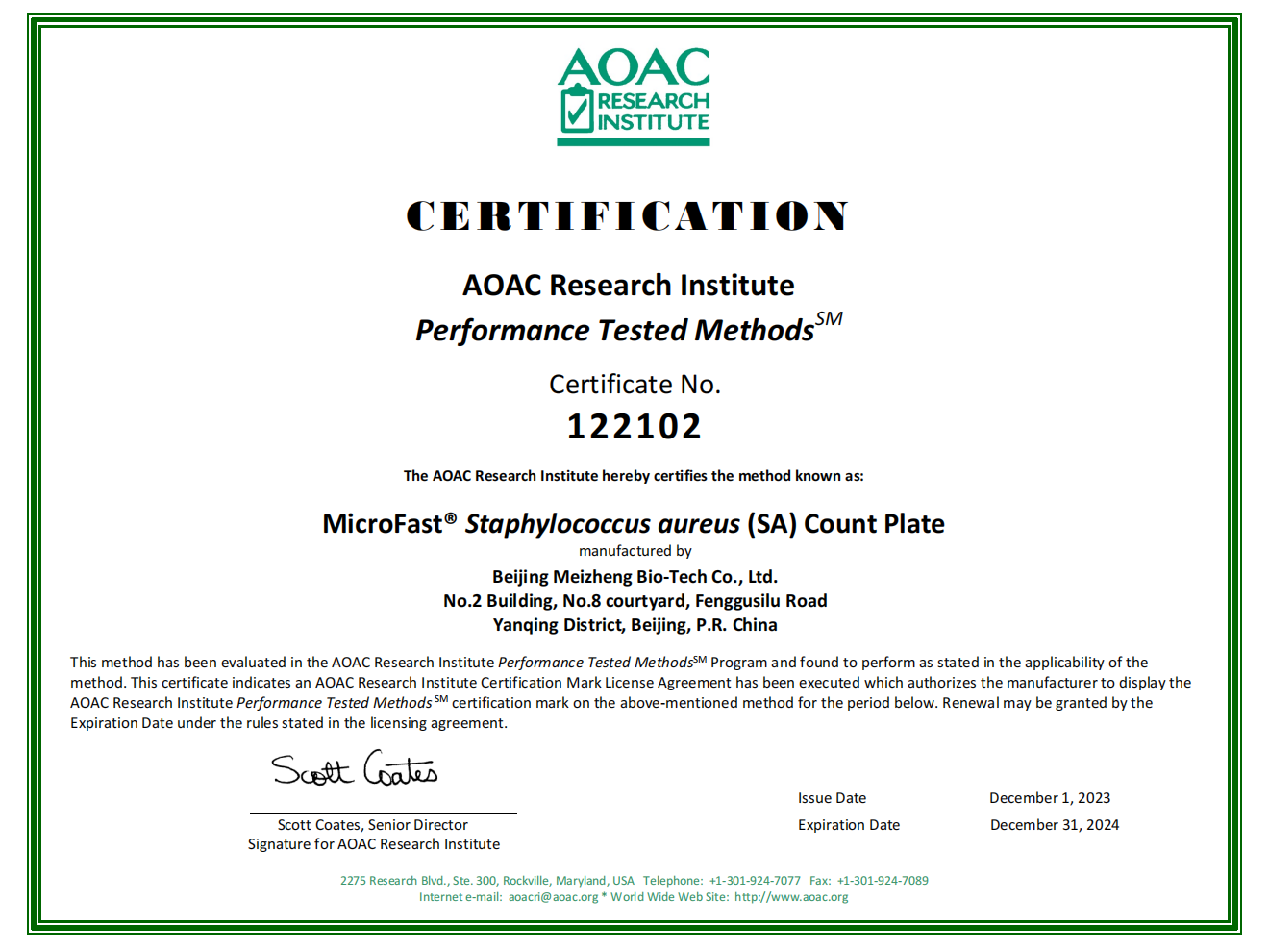 AOAC Certificate of Microfast? Staphyloccocus Aureus (SA) Count Plate